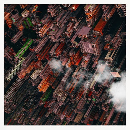 A dramatic, high-angle aerial photograph looking straight down into a super-dense, futuristic cityscape with towering skyscrapers packed together, featuring pops of orange and green among the dark buildings. Wisps of clouds float between the towers, and the image is presented in a light wood frame. Print