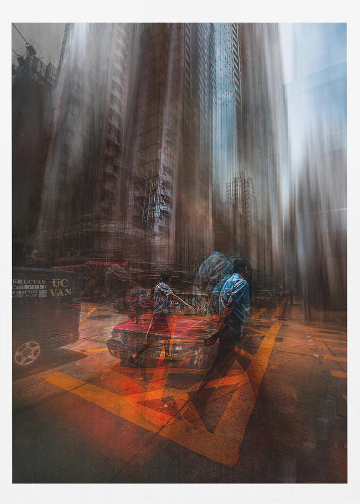 An abstract, vertically oriented photograph of a city street with a strong motion blur effect. Towering buildings are stretched vertically, creating a surreal, melting appearance. In the foreground, semi-transparent figures of people cross a street with bright orange markings, near a red car, suggesting a chaotic and energetic urban scene. Artwork
