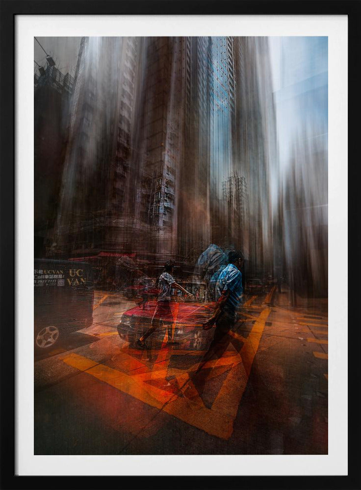An abstract, vertically oriented photograph of a city street with a strong motion blur effect. Towering buildings are stretched vertically, creating a surreal, melting appearance. In the foreground, semi-transparent figures of people cross a street with bright orange markings, near a red car, suggesting a chaotic and energetic urban scene. Artwork