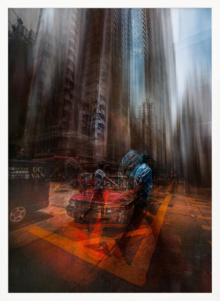 An abstract, vertically oriented photograph of a city street with a strong motion blur effect. Towering buildings are stretched vertically, creating a surreal, melting appearance. In the foreground, semi-transparent figures of people cross a street with bright orange markings, near a red car, suggesting a chaotic and energetic urban scene. Artwork