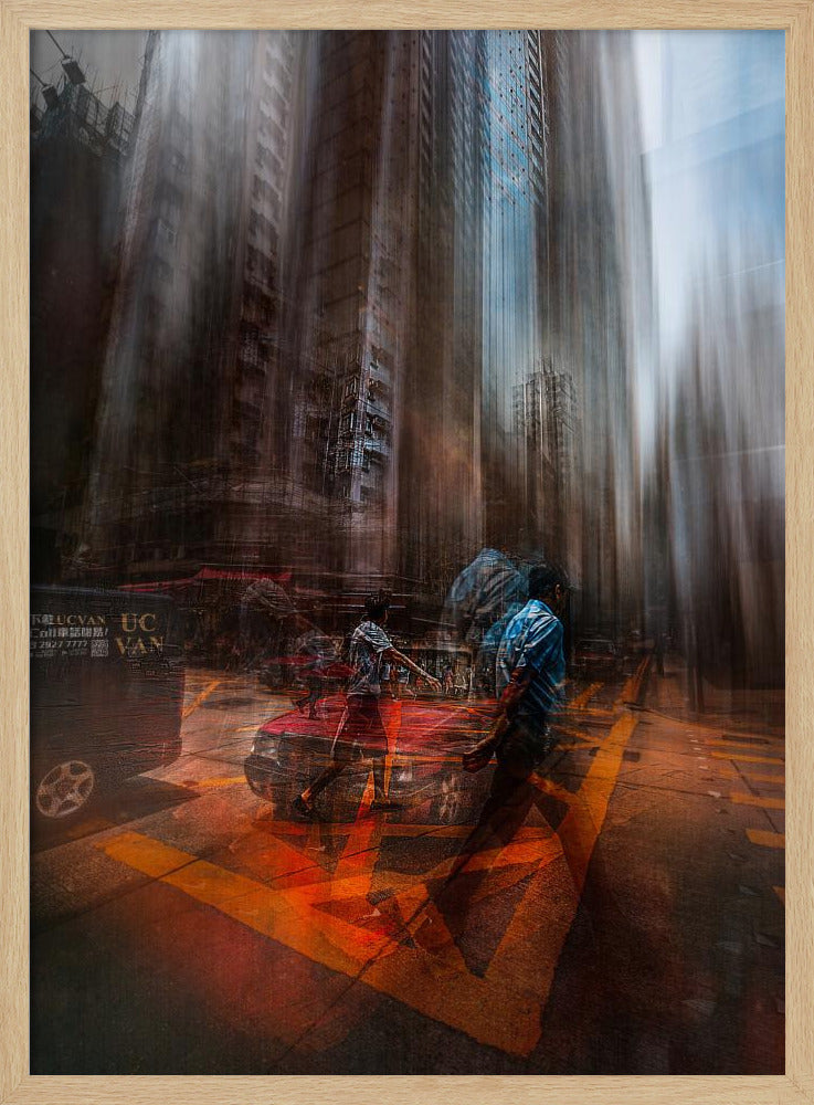 An abstract, vertically oriented photograph of a city street with a strong motion blur effect. Towering buildings are stretched vertically, creating a surreal, melting appearance. In the foreground, semi-transparent figures of people cross a street with bright orange markings, near a red car, suggesting a chaotic and energetic urban scene. Artwork