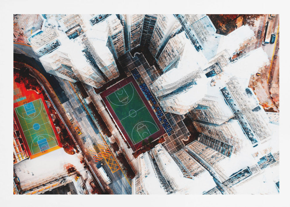 A dizzying top-down aerial view of a dense city, where stark white skyscrapers tower over two vibrant basketball courts, one green and the other multicolored. The abstract, high-contrast style highlights the geometric patterns of urban life, all enclosed within a silver frame. Poster