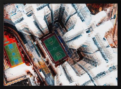 A dizzying top-down aerial view of a dense city, where stark white skyscrapers tower over two vibrant basketball courts, one green and the other multicolored. The abstract, high-contrast style highlights the geometric patterns of urban life, all enclosed within a silver frame. Poster