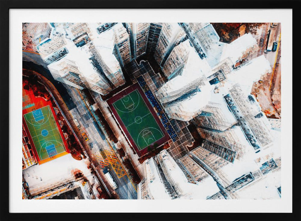 A dizzying top-down aerial view of a dense city, where stark white skyscrapers tower over two vibrant basketball courts, one green and the other multicolored. The abstract, high-contrast style highlights the geometric patterns of urban life, all enclosed within a silver frame. Poster