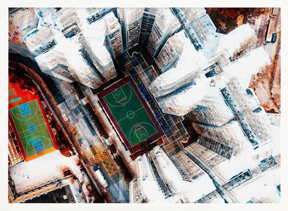 A dizzying top-down aerial view of a dense city, where stark white skyscrapers tower over two vibrant basketball courts, one green and the other multicolored. The abstract, high-contrast style highlights the geometric patterns of urban life, all enclosed within a silver frame. Poster