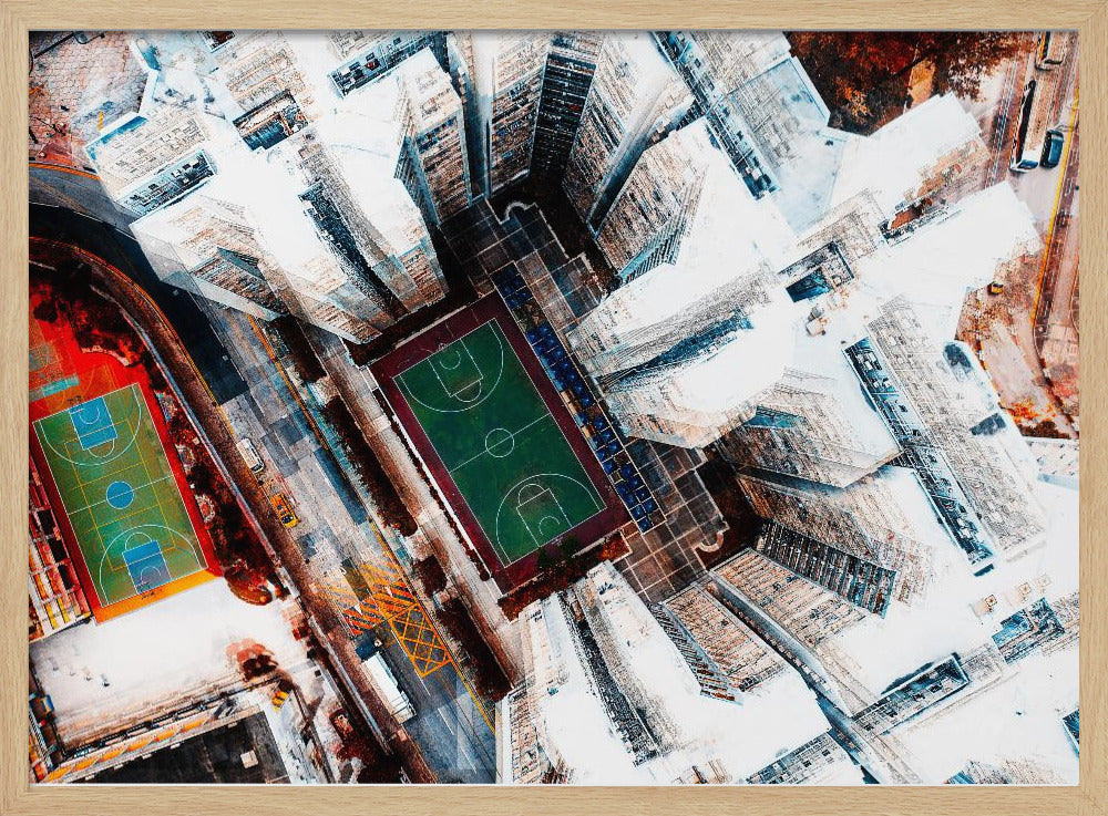 A dizzying top-down aerial view of a dense city, where stark white skyscrapers tower over two vibrant basketball courts, one green and the other multicolored. The abstract, high-contrast style highlights the geometric patterns of urban life, all enclosed within a silver frame. Poster