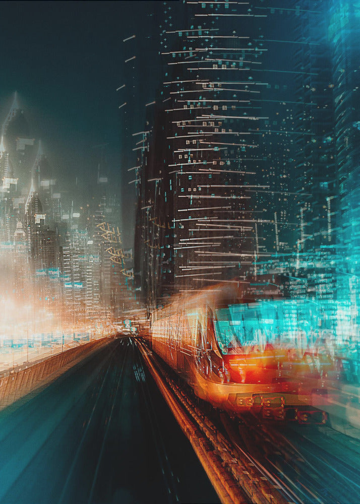 A dynamic, motion-blurred photograph of a train speeding through a futuristic city at night. The train is a blur of red and orange light on the right, while the city's skyscrapers are depicted as towering structures of distorted teal and dark blue light, creating a sense of speed and digital energy. Decor