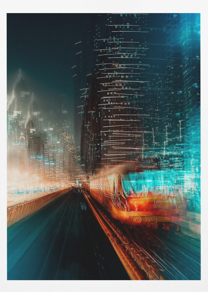 A dynamic, motion-blurred photograph of a train speeding through a futuristic city at night. The train is a blur of red and orange light on the right, while the city's skyscrapers are depicted as towering structures of distorted teal and dark blue light, creating a sense of speed and digital energy. Decor