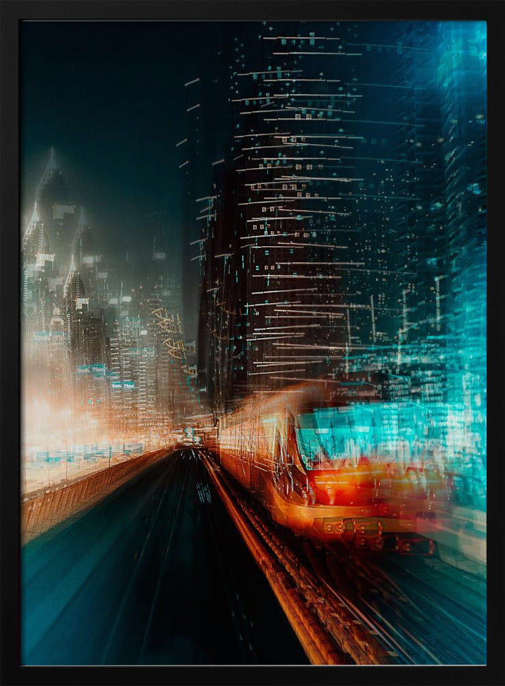 A dynamic, motion-blurred photograph of a train speeding through a futuristic city at night. The train is a blur of red and orange light on the right, while the city's skyscrapers are depicted as towering structures of distorted teal and dark blue light, creating a sense of speed and digital energy. Decor
