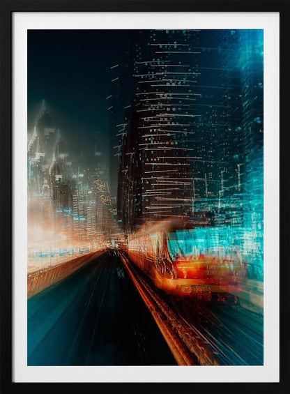 A dynamic, motion-blurred photograph of a train speeding through a futuristic city at night. The train is a blur of red and orange light on the right, while the city's skyscrapers are depicted as towering structures of distorted teal and dark blue light, creating a sense of speed and digital energy. Decor