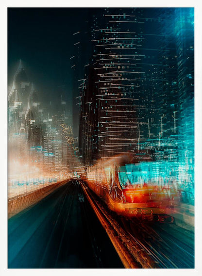 A dynamic, motion-blurred photograph of a train speeding through a futuristic city at night. The train is a blur of red and orange light on the right, while the city's skyscrapers are depicted as towering structures of distorted teal and dark blue light, creating a sense of speed and digital energy. Decor