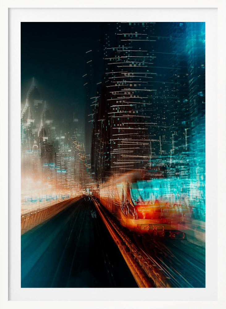 A dynamic, motion-blurred photograph of a train speeding through a futuristic city at night. The train is a blur of red and orange light on the right, while the city's skyscrapers are depicted as towering structures of distorted teal and dark blue light, creating a sense of speed and digital energy. Decor