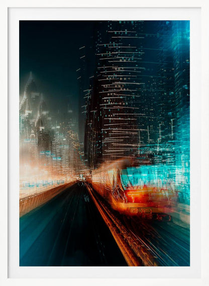 A dynamic, motion-blurred photograph of a train speeding through a futuristic city at night. The train is a blur of red and orange light on the right, while the city's skyscrapers are depicted as towering structures of distorted teal and dark blue light, creating a sense of speed and digital energy. Decor