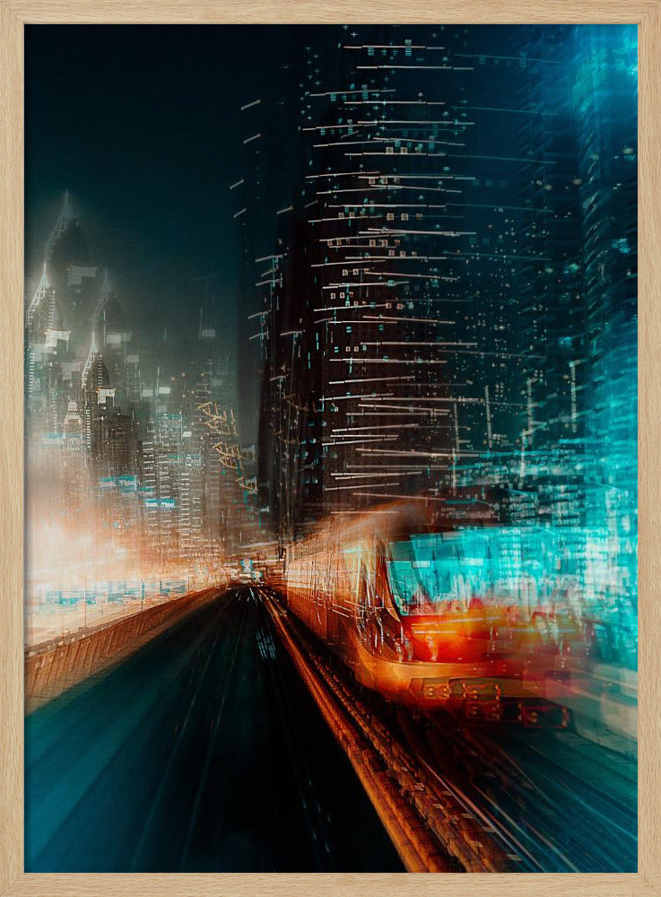 A dynamic, motion-blurred photograph of a train speeding through a futuristic city at night. The train is a blur of red and orange light on the right, while the city's skyscrapers are depicted as towering structures of distorted teal and dark blue light, creating a sense of speed and digital energy. Decor
