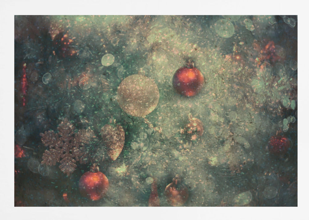 A vintage-style, textured image of Christmas ornaments on a tree, including red and gold baubles and a snowflake. The artwork has a grunge, distressed feel with soft bokeh lights and is presented in a silver frame. Poster