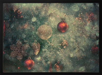 A vintage-style, textured image of Christmas ornaments on a tree, including red and gold baubles and a snowflake. The artwork has a grunge, distressed feel with soft bokeh lights and is presented in a silver frame. Poster