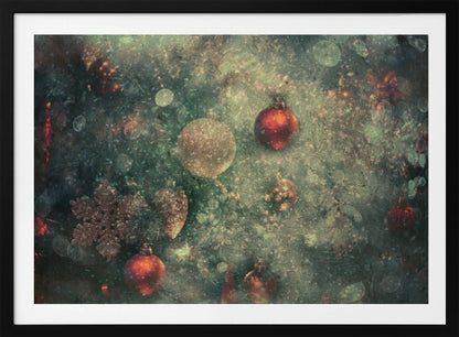 A vintage-style, textured image of Christmas ornaments on a tree, including red and gold baubles and a snowflake. The artwork has a grunge, distressed feel with soft bokeh lights and is presented in a silver frame. Poster
