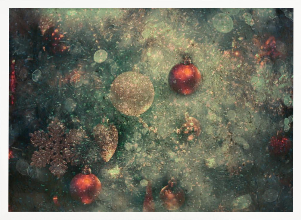 A vintage-style, textured image of Christmas ornaments on a tree, including red and gold baubles and a snowflake. The artwork has a grunge, distressed feel with soft bokeh lights and is presented in a silver frame. Poster