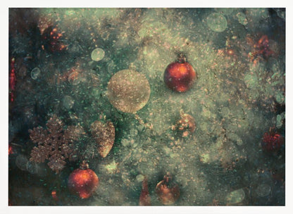 A vintage-style, textured image of Christmas ornaments on a tree, including red and gold baubles and a snowflake. The artwork has a grunge, distressed feel with soft bokeh lights and is presented in a silver frame. Poster