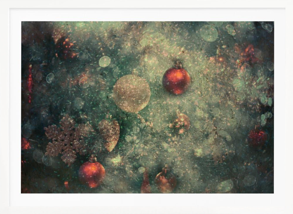 A vintage-style, textured image of Christmas ornaments on a tree, including red and gold baubles and a snowflake. The artwork has a grunge, distressed feel with soft bokeh lights and is presented in a silver frame. Poster