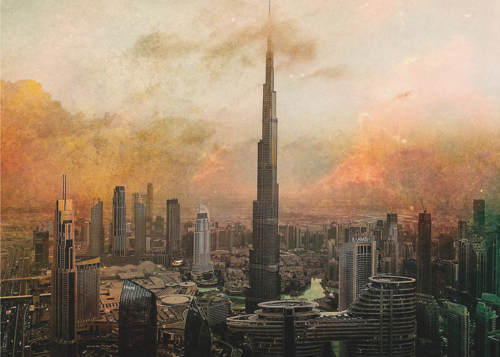 An artistic, textured depiction of the Dubai skyline, with the Burj Khalifa towering over the cityscape against a hazy, orange and yellow sky. Wall Art