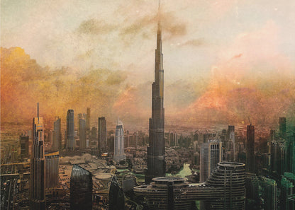 An artistic, textured depiction of the Dubai skyline, with the Burj Khalifa towering over the cityscape against a hazy, orange and yellow sky. Wall Art