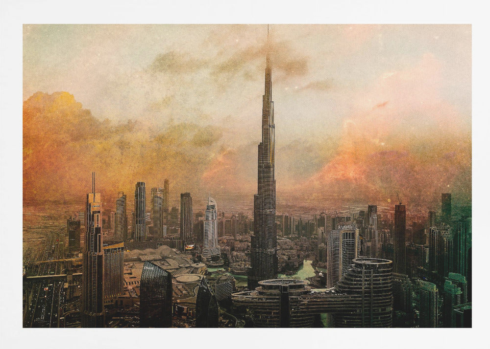 An artistic, textured depiction of the Dubai skyline, with the Burj Khalifa towering over the cityscape against a hazy, orange and yellow sky. Wall Art
