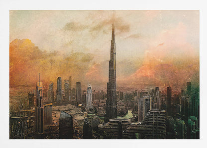An artistic, textured depiction of the Dubai skyline, with the Burj Khalifa towering over the cityscape against a hazy, orange and yellow sky. Wall Art