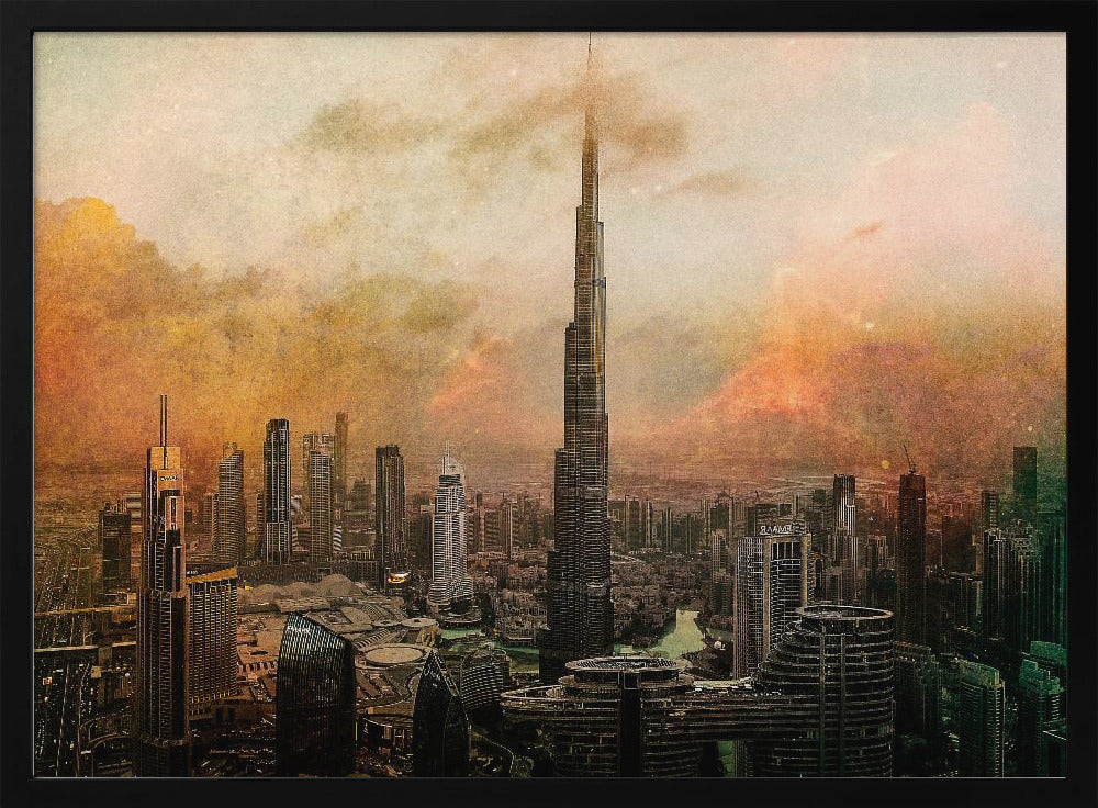 An artistic, textured depiction of the Dubai skyline, with the Burj Khalifa towering over the cityscape against a hazy, orange and yellow sky. Wall Art