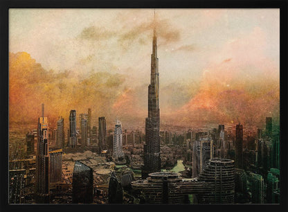 An artistic, textured depiction of the Dubai skyline, with the Burj Khalifa towering over the cityscape against a hazy, orange and yellow sky. Wall Art