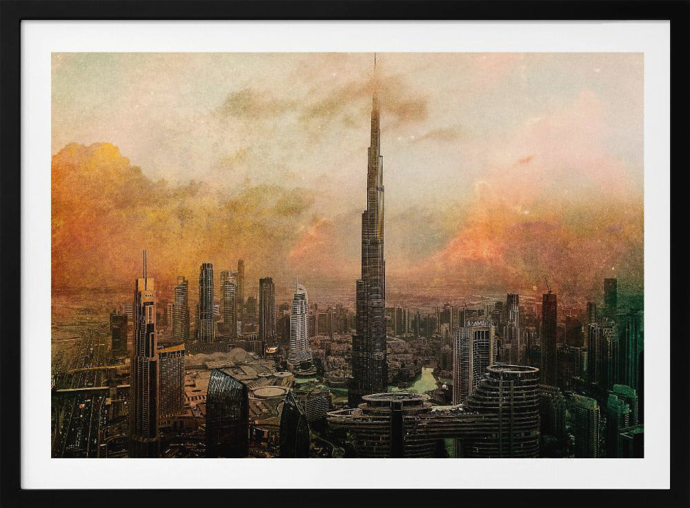 An artistic, textured depiction of the Dubai skyline, with the Burj Khalifa towering over the cityscape against a hazy, orange and yellow sky. Wall Art