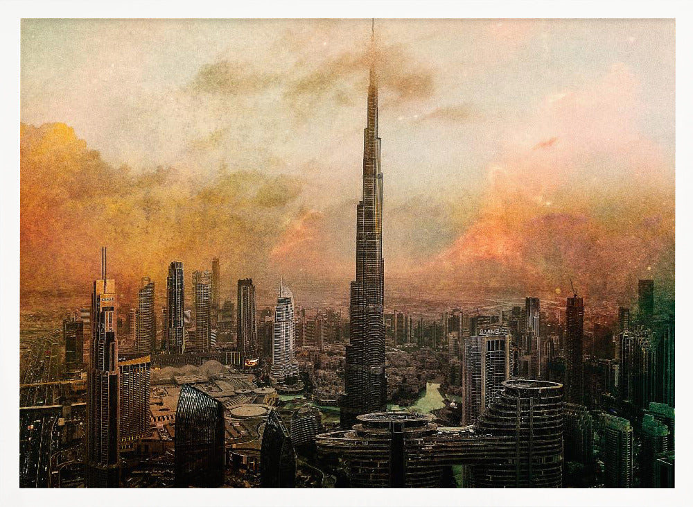 An artistic, textured depiction of the Dubai skyline, with the Burj Khalifa towering over the cityscape against a hazy, orange and yellow sky. Wall Art