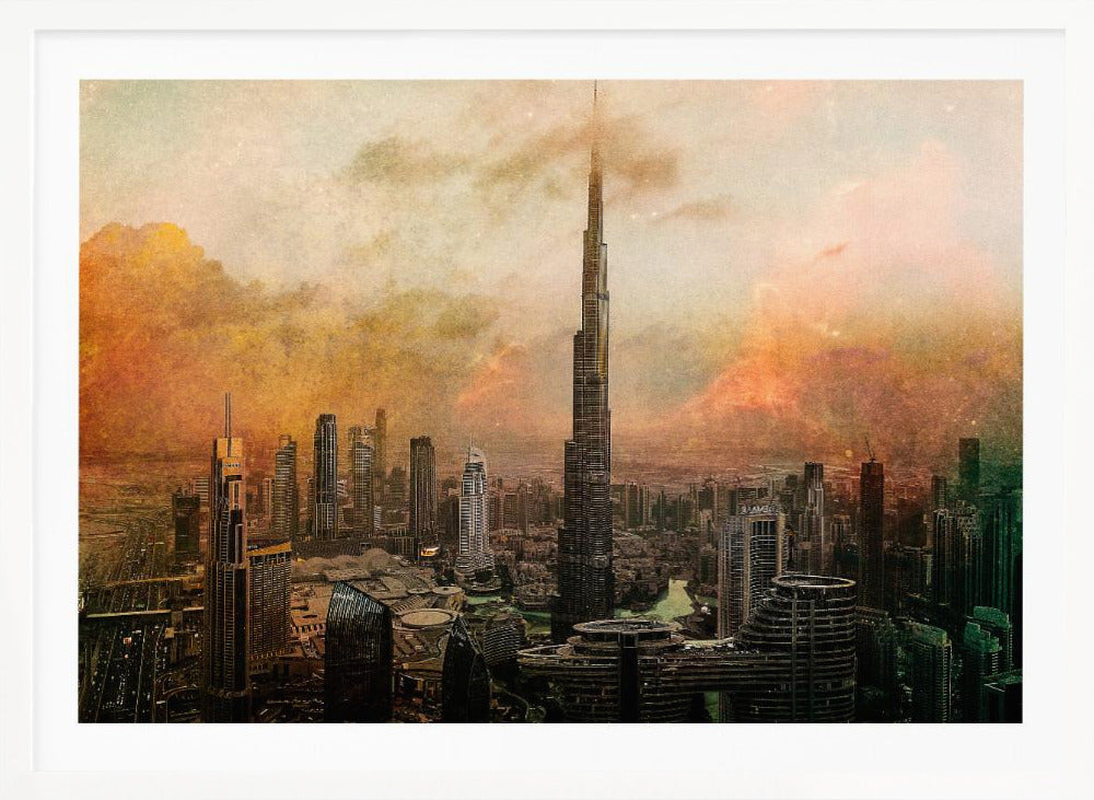 An artistic, textured depiction of the Dubai skyline, with the Burj Khalifa towering over the cityscape against a hazy, orange and yellow sky. Wall Art