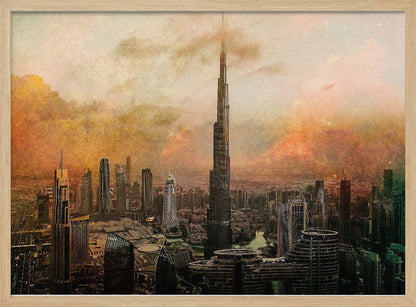 An artistic, textured depiction of the Dubai skyline, with the Burj Khalifa towering over the cityscape against a hazy, orange and yellow sky. Wall Art