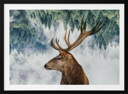 A surreal double-exposure style image featuring the profile of a brown stag with large antlers. The top half of the image is an inverted green pine forest that blends into a foggy, light grey background surrounding the deer. The entire artwork is presented within a silver frame. Poster