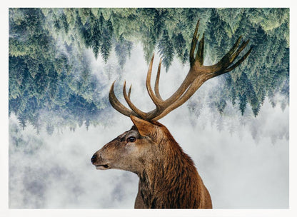 A surreal double-exposure style image featuring the profile of a brown stag with large antlers. The top half of the image is an inverted green pine forest that blends into a foggy, light grey background surrounding the deer. The entire artwork is presented within a silver frame. Poster