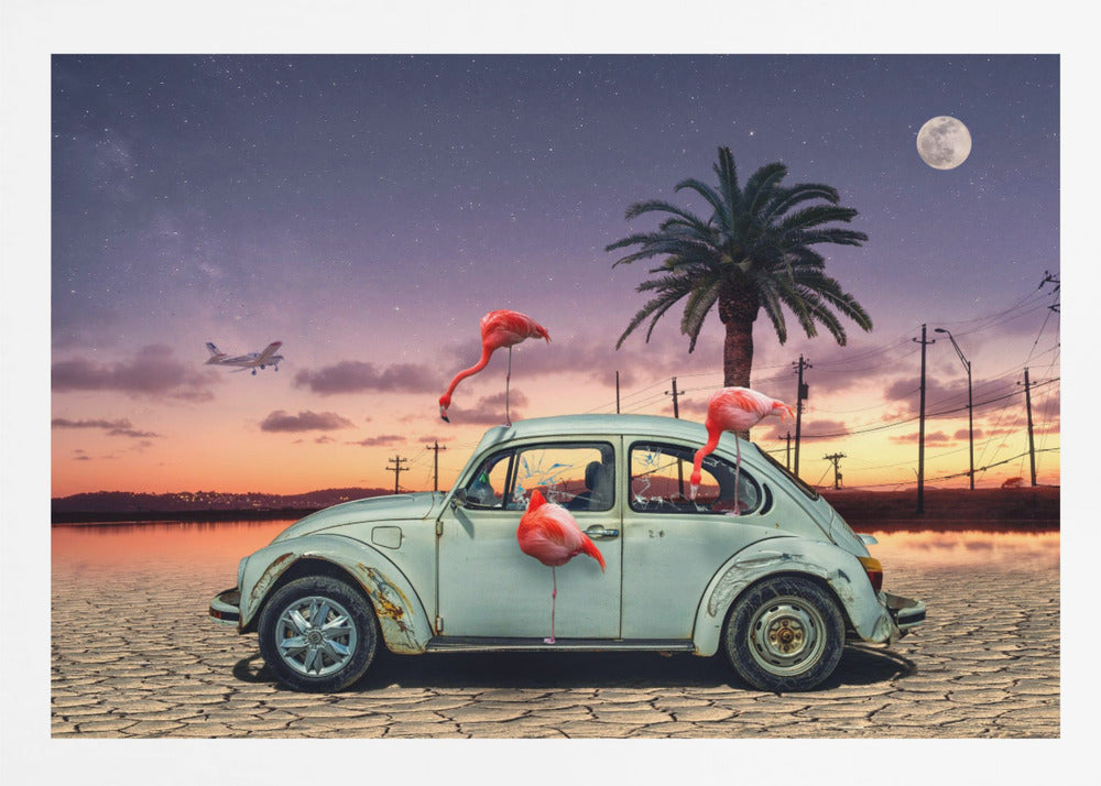 A surreal digital art piece featuring a vintage light blue Volkswagen Beetle abandoned on a cracked desert floor. Three vibrant pink flamingos are interacting with the car, which has shattered windows. The background shows a dramatic transition from an orange sunset over water to a deep purple, star-filled night sky with a large full moon and a distant airplane. Decor