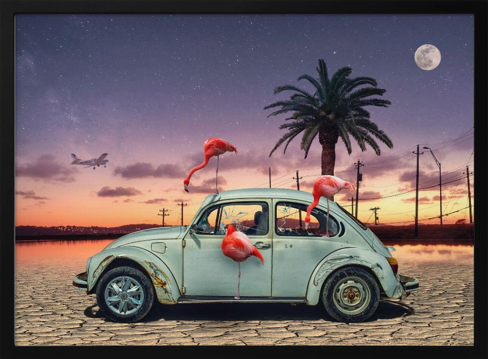 A surreal digital art piece featuring a vintage light blue Volkswagen Beetle abandoned on a cracked desert floor. Three vibrant pink flamingos are interacting with the car, which has shattered windows. The background shows a dramatic transition from an orange sunset over water to a deep purple, star-filled night sky with a large full moon and a distant airplane. Decor