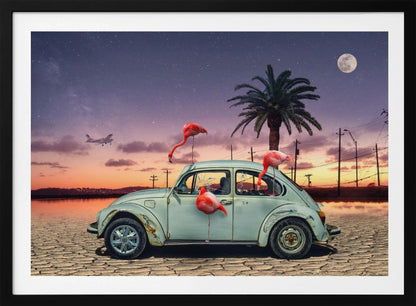 A surreal digital art piece featuring a vintage light blue Volkswagen Beetle abandoned on a cracked desert floor. Three vibrant pink flamingos are interacting with the car, which has shattered windows. The background shows a dramatic transition from an orange sunset over water to a deep purple, star-filled night sky with a large full moon and a distant airplane. Decor