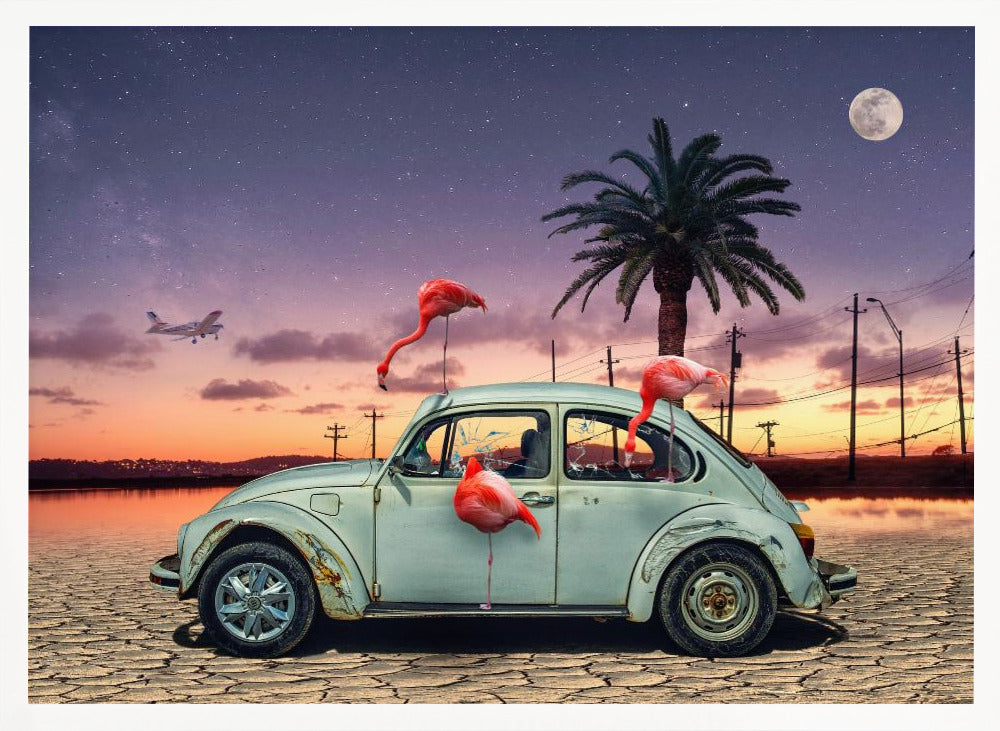 A surreal digital art piece featuring a vintage light blue Volkswagen Beetle abandoned on a cracked desert floor. Three vibrant pink flamingos are interacting with the car, which has shattered windows. The background shows a dramatic transition from an orange sunset over water to a deep purple, star-filled night sky with a large full moon and a distant airplane. Decor
