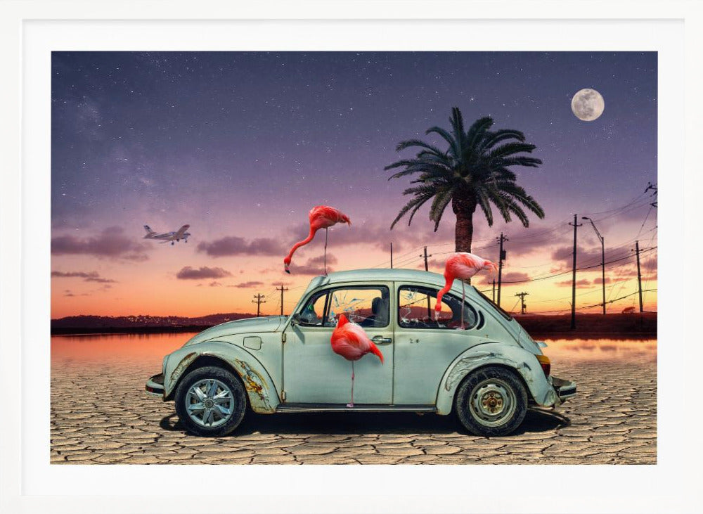 A surreal digital art piece featuring a vintage light blue Volkswagen Beetle abandoned on a cracked desert floor. Three vibrant pink flamingos are interacting with the car, which has shattered windows. The background shows a dramatic transition from an orange sunset over water to a deep purple, star-filled night sky with a large full moon and a distant airplane. Decor