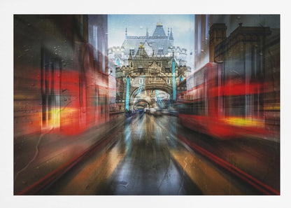 An abstract, motion-blurred digital art piece depicting a view of London's Tower Bridge down a wet street, framed by the red streaks of passing double-decker buses, creating a dynamic and rainy city atmosphere, all enclosed in a silver frame. Poster