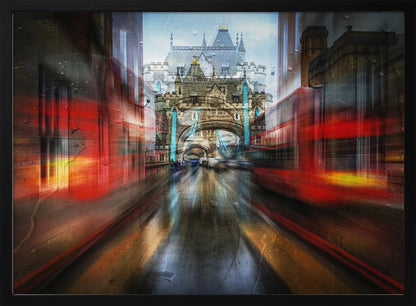An abstract, motion-blurred digital art piece depicting a view of London's Tower Bridge down a wet street, framed by the red streaks of passing double-decker buses, creating a dynamic and rainy city atmosphere, all enclosed in a silver frame. Poster