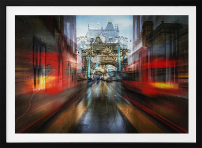 An abstract, motion-blurred digital art piece depicting a view of London's Tower Bridge down a wet street, framed by the red streaks of passing double-decker buses, creating a dynamic and rainy city atmosphere, all enclosed in a silver frame. Poster