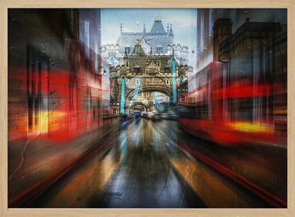 An abstract, motion-blurred digital art piece depicting a view of London's Tower Bridge down a wet street, framed by the red streaks of passing double-decker buses, creating a dynamic and rainy city atmosphere, all enclosed in a silver frame. Poster