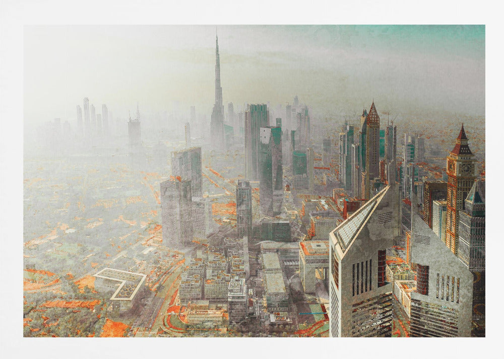 A framed piece of art showing a hazy, high-angle view of the Dubai skyline, with the Burj Khalifa towering in the background. The cityscape is rendered in muted tones of grey and teal, with striking orange accents on the ground, creating a surreal, artistic effect. Print