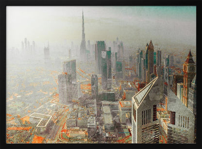 A framed piece of art showing a hazy, high-angle view of the Dubai skyline, with the Burj Khalifa towering in the background. The cityscape is rendered in muted tones of grey and teal, with striking orange accents on the ground, creating a surreal, artistic effect. Print