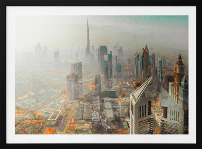 A framed piece of art showing a hazy, high-angle view of the Dubai skyline, with the Burj Khalifa towering in the background. The cityscape is rendered in muted tones of grey and teal, with striking orange accents on the ground, creating a surreal, artistic effect. Print