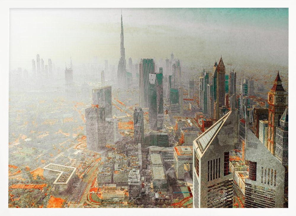 A framed piece of art showing a hazy, high-angle view of the Dubai skyline, with the Burj Khalifa towering in the background. The cityscape is rendered in muted tones of grey and teal, with striking orange accents on the ground, creating a surreal, artistic effect. Print