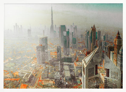 A framed piece of art showing a hazy, high-angle view of the Dubai skyline, with the Burj Khalifa towering in the background. The cityscape is rendered in muted tones of grey and teal, with striking orange accents on the ground, creating a surreal, artistic effect. Print